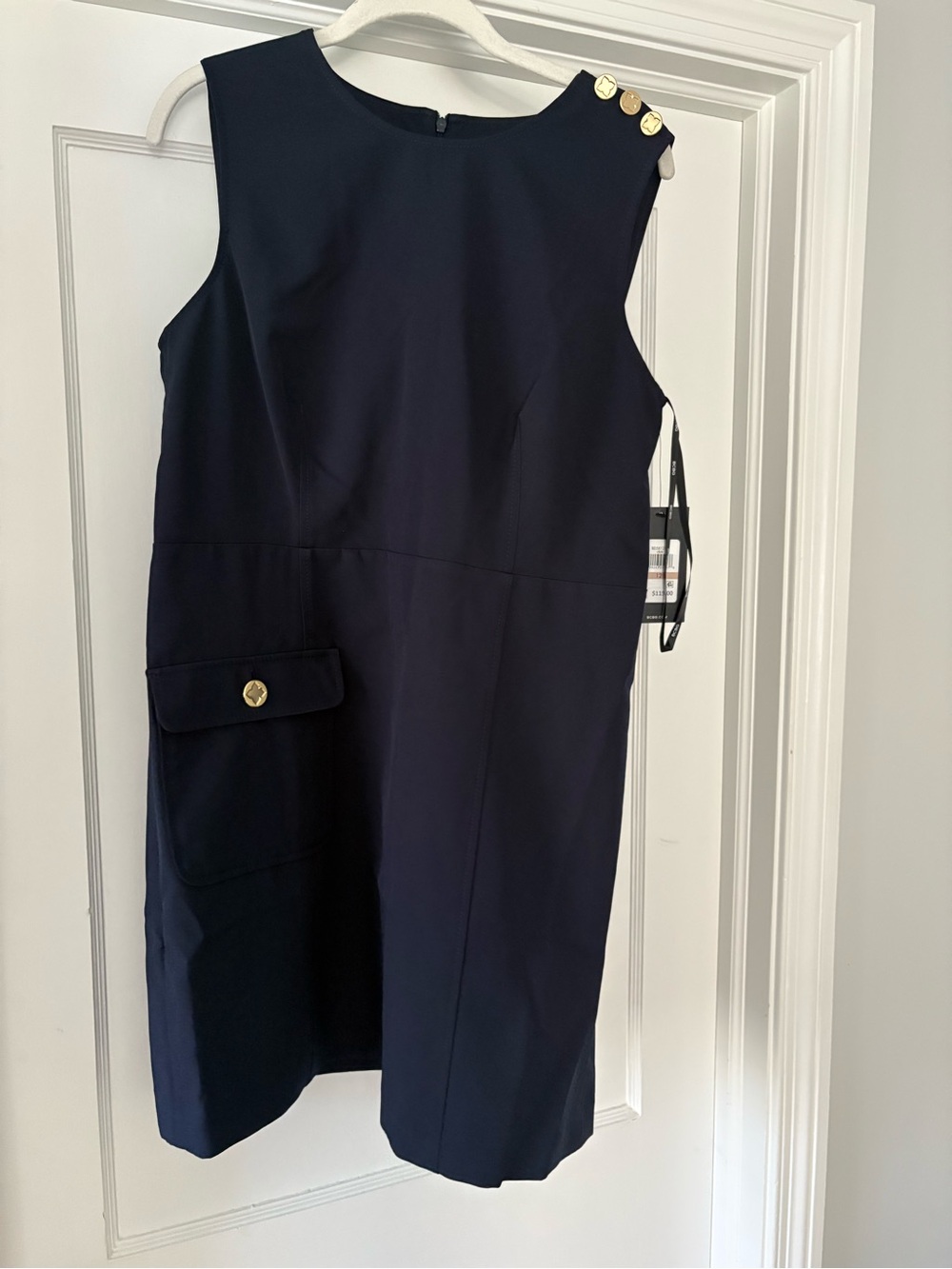 BCBG Navy Sleeveless Shift Dress with Gold Buttons